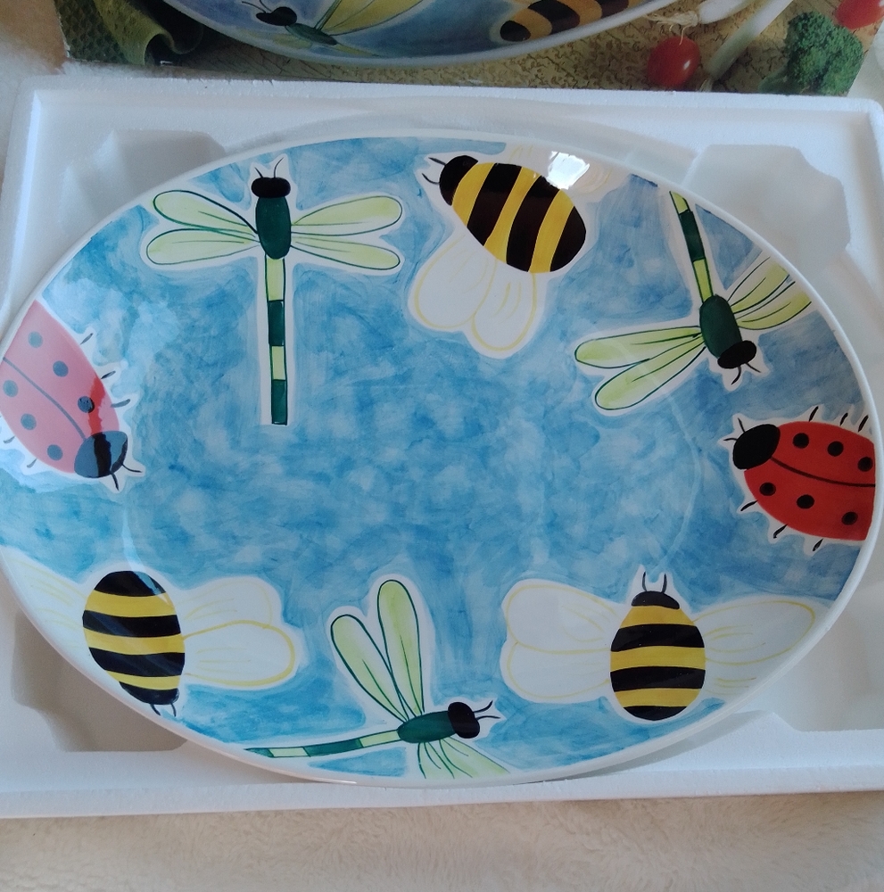 Clay Art Bumble Hand painted Lady bug Bee Dragonfly serving platter.